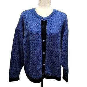 Apleks Women 100% Wool Button Front Scandinavian Blue Cardigan Sweater Size L/XL